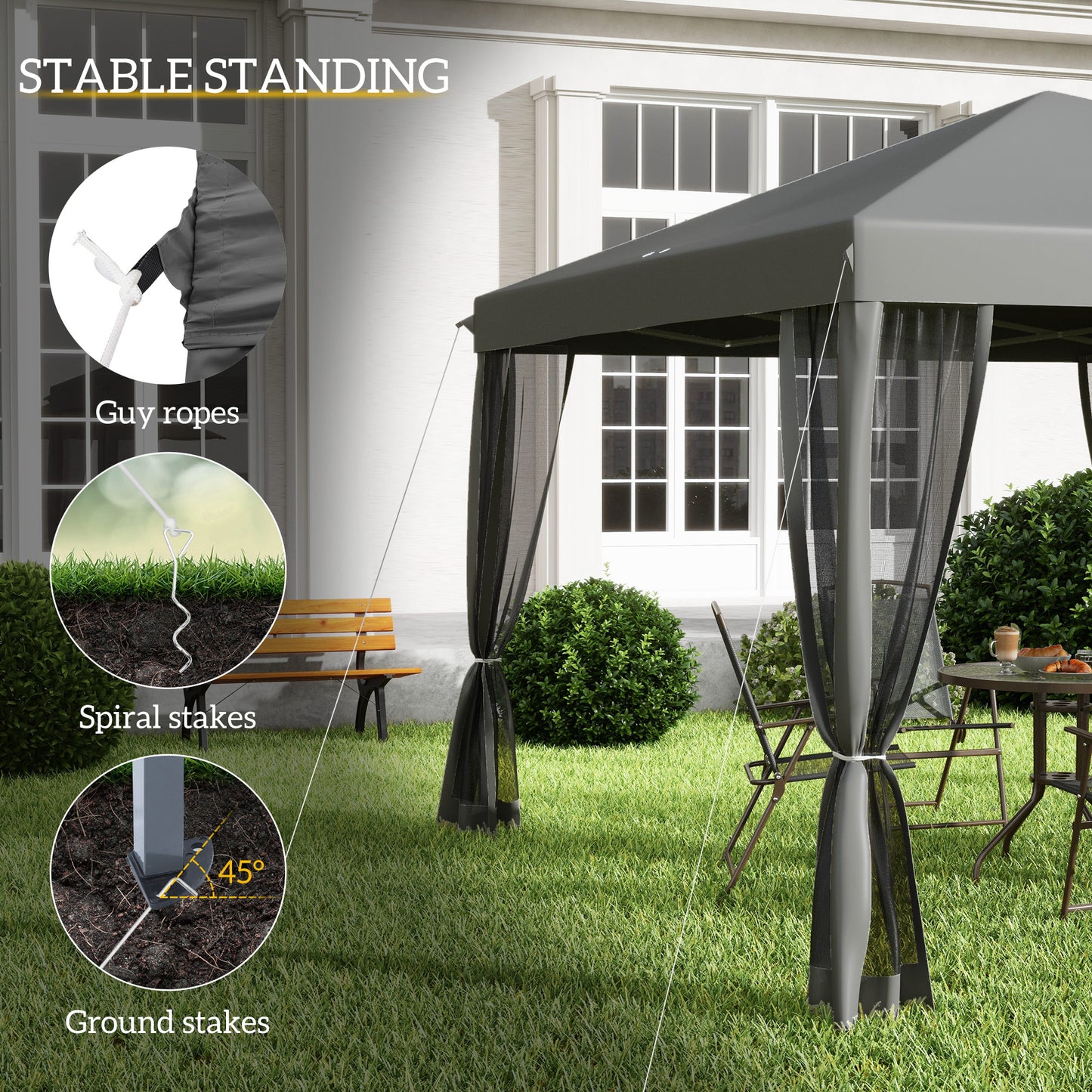 Gazebo 10' x 10' avec filet latéral amovible et sac de transport pour terrasse extérieure, gris clair