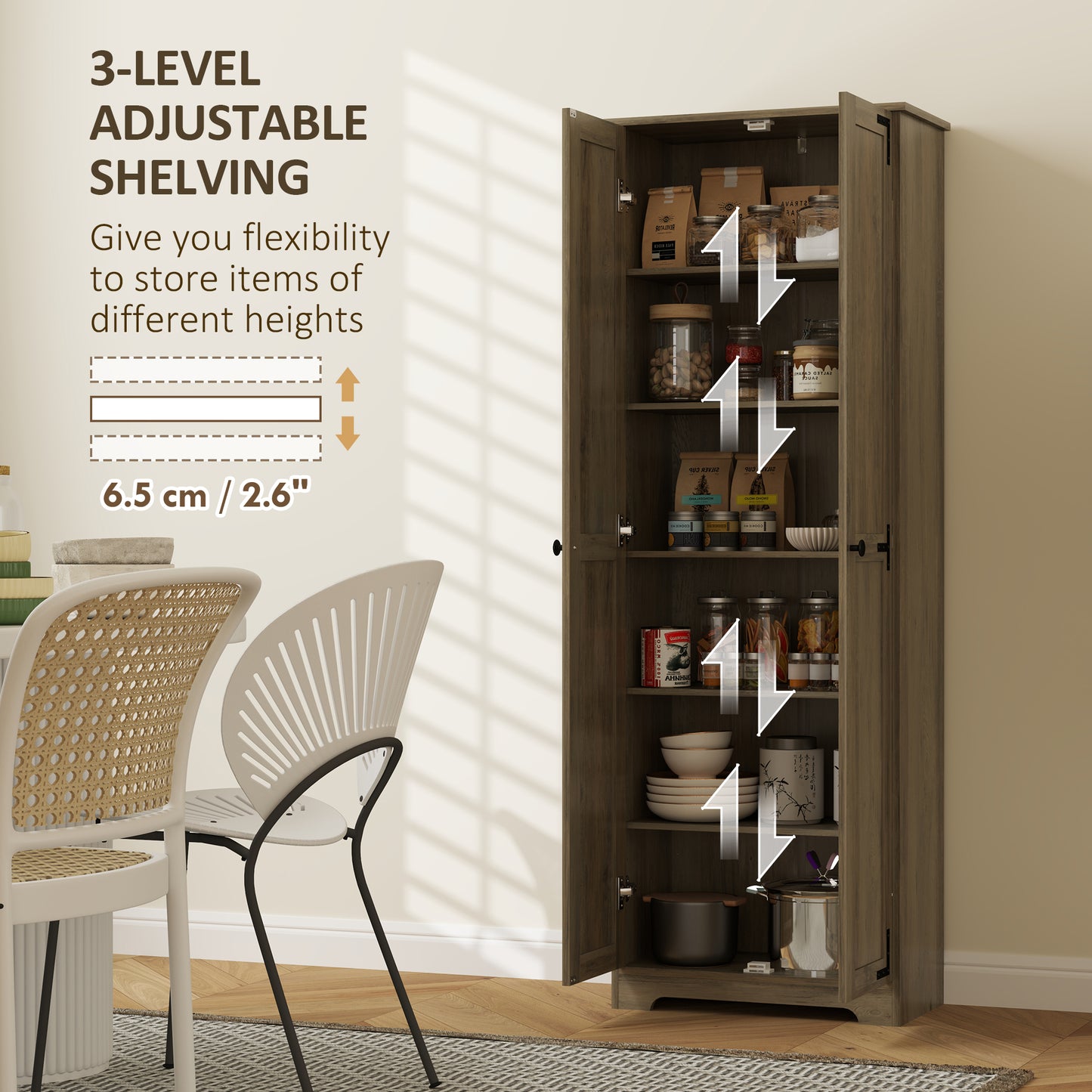Armoire de rangement de style campagnard, 67 po, avec 2 portes et étagères réglables, gris vieilli