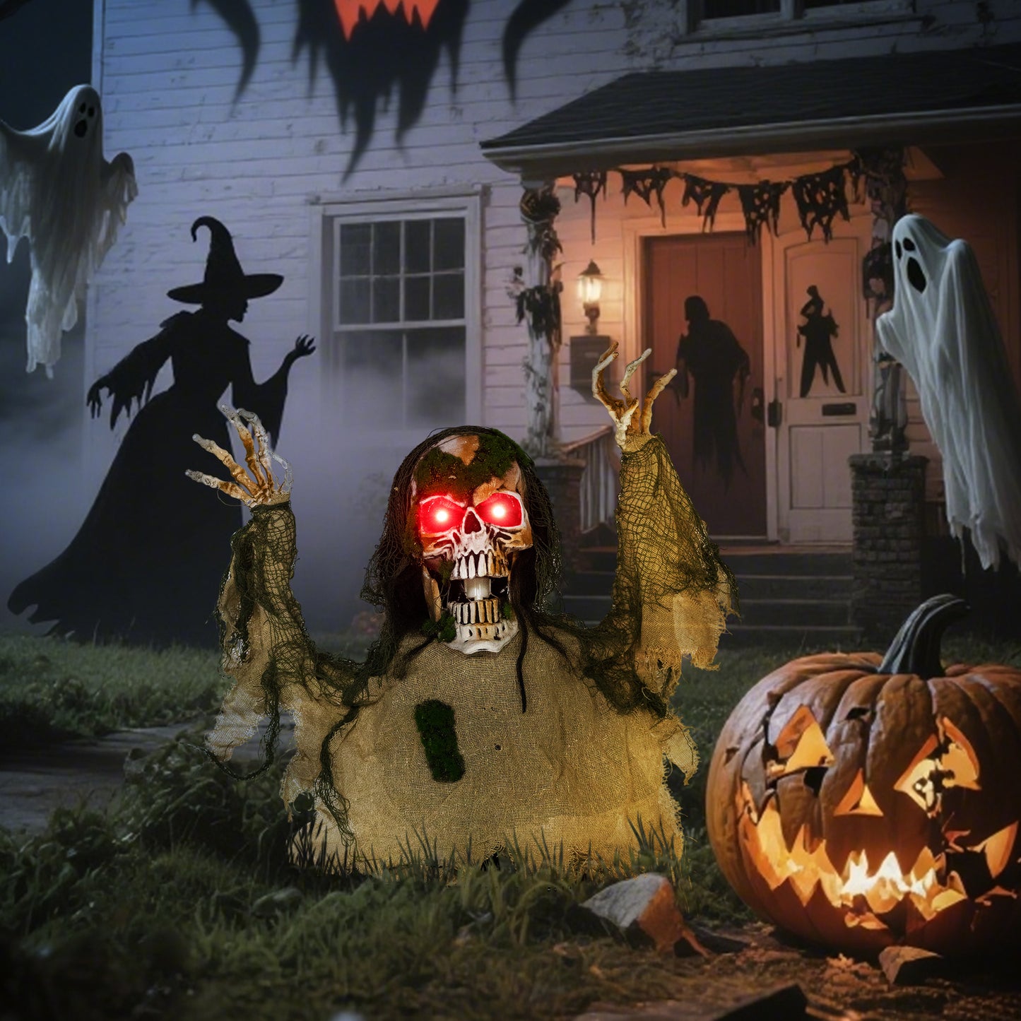 Squelette animé d'Halloween avec yeux LED lumineux, décorations d'Halloween animatroniques, à piles