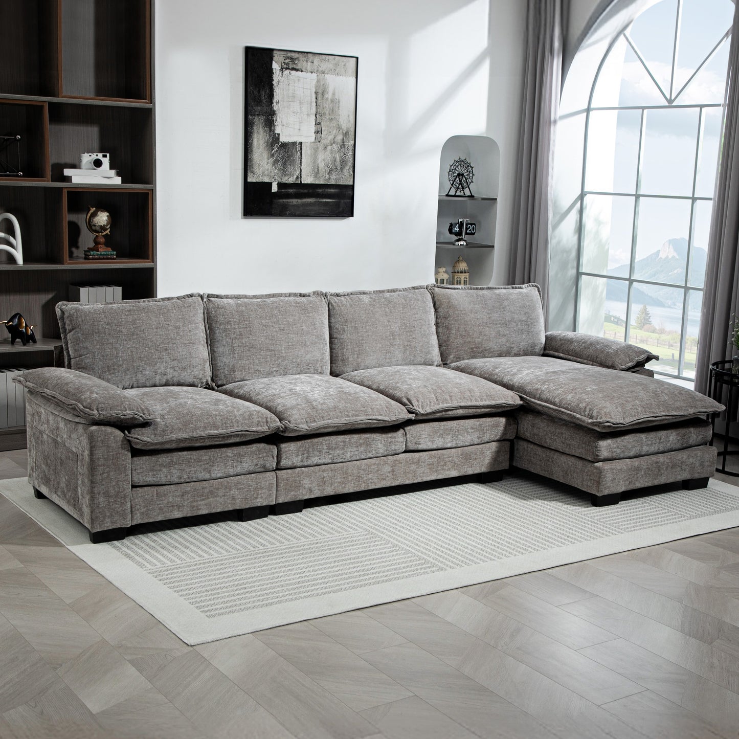 Canapé d’angle en L gris pour salon, revêtement en chenille douce avec coussins d’assise double épaisseur pour un confort optimal
