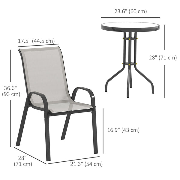 3-Piece Bistro Set with Stackable Mesh Chairs, Glass Table for Garden and Balcony, Light Grey