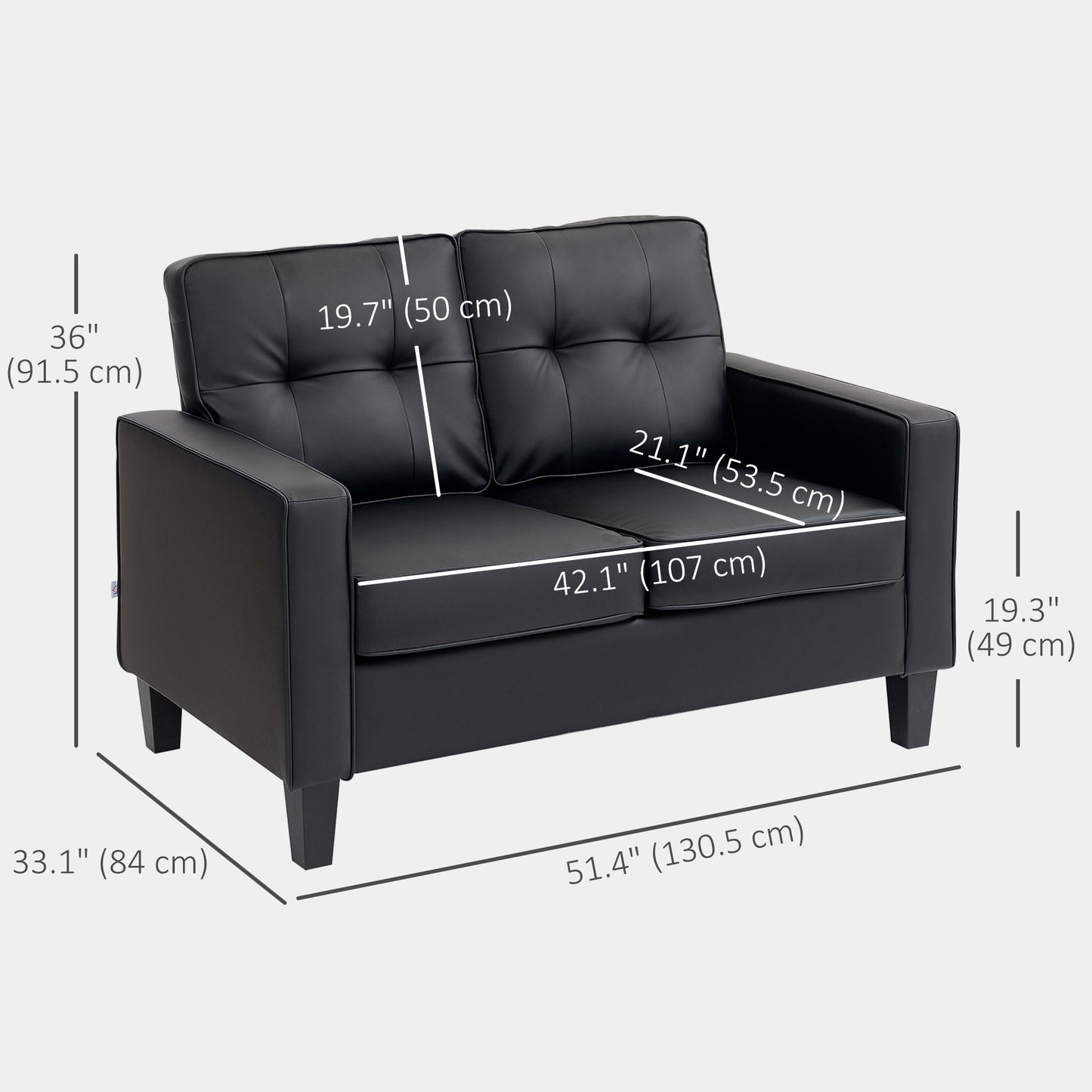 Causeuse rembourrée en similicuir avec accoudoirs, dossier capitonné, coussin, noir