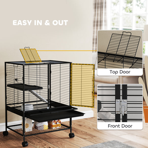 Cage roulante pour petits animaux avec plateau amovible et étagère de rangement, noire