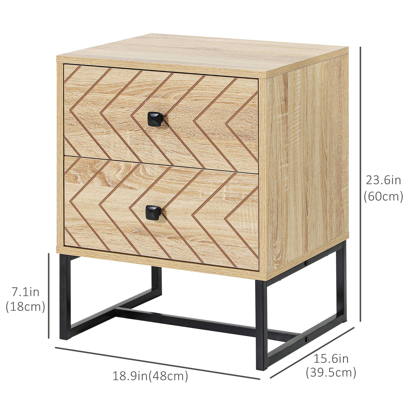 Table de chevet moderne avec tiroirs et pieds en métal, design en zigzag, couleur naturelle