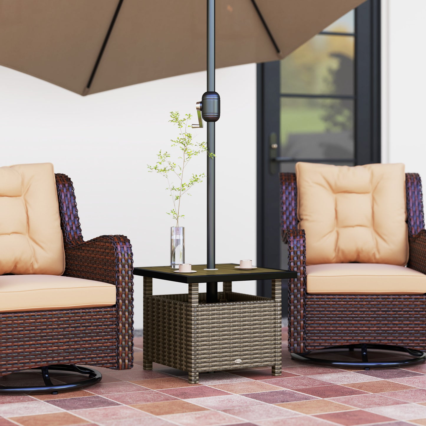 Outsunny 55cm Square Rattan Table with Umbrella Hole, Outdoor Patio Side Table, Can Be Used as an Umbrella Stand, Grey Mix