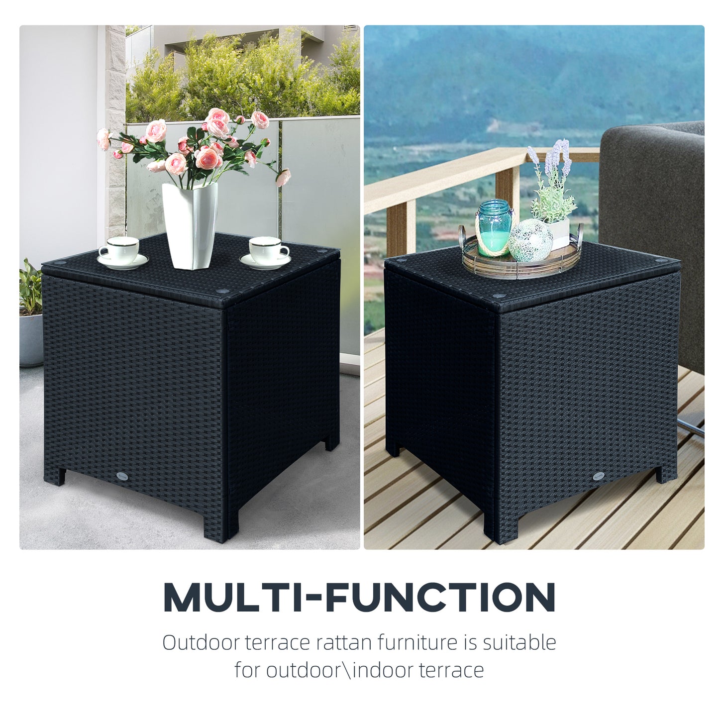 Wicker Coffee Table with Glass Top, Patio Furniture for Patio, Pool, Garden, Lawn, Black