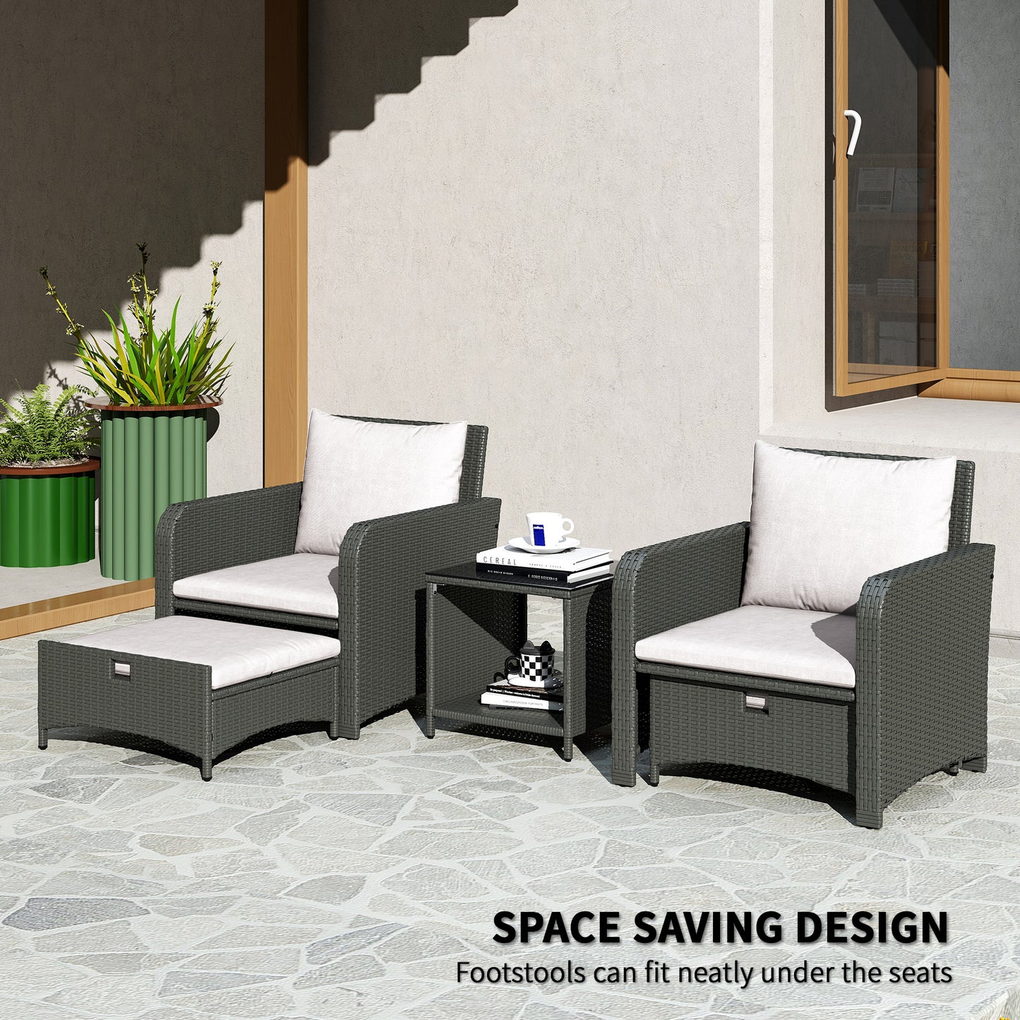 Outsunny 5 Piece Rattan Balcony Furniture Set, Wicker Outdoor Furniture with Two-Tier Coffee Table and Ottomans, Grey and Cream White