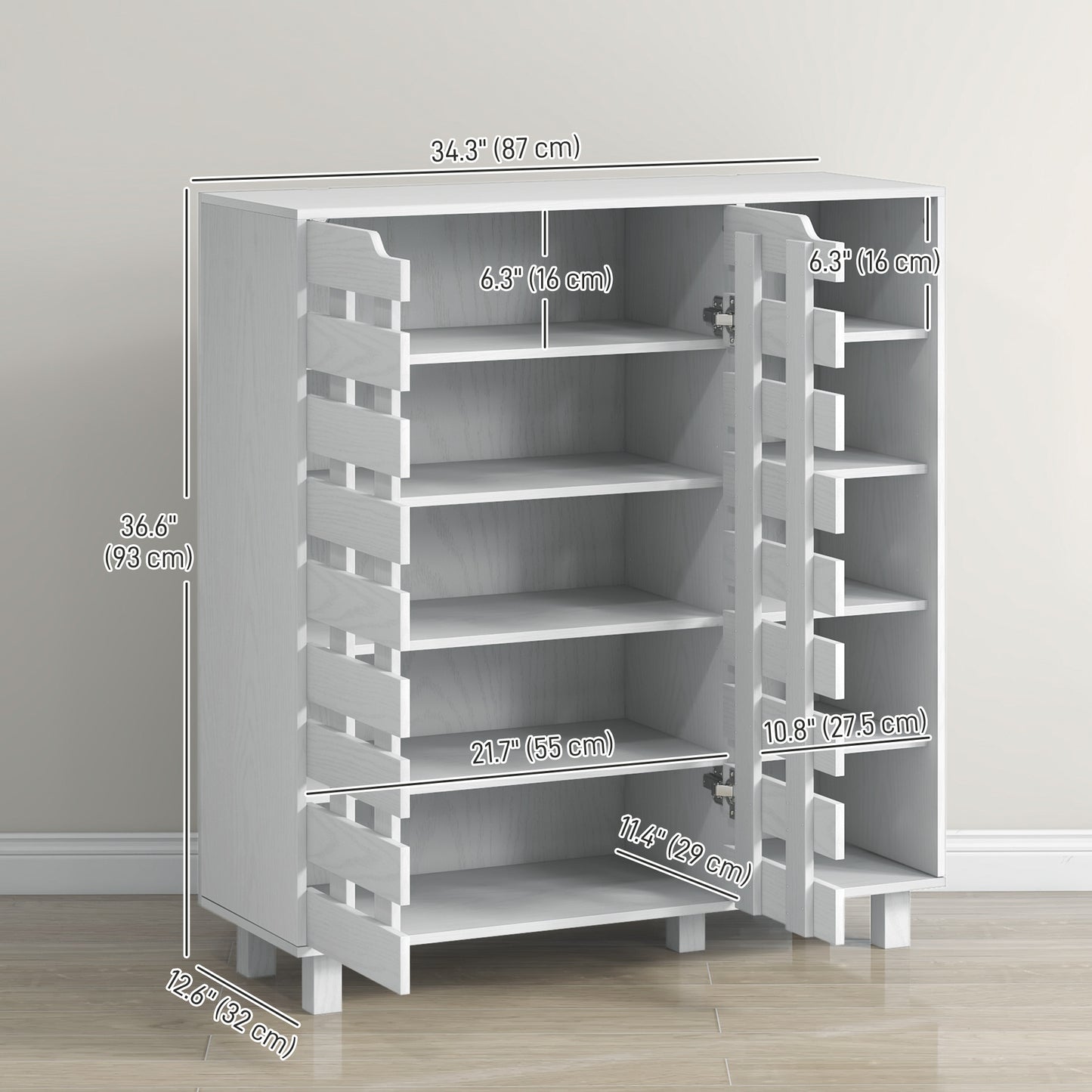 Meuble à chaussures HOMCOM, meuble de rangement pour 21 paires de chaussures avec armoire à double porte à 5 niveaux et étagères ouvertes à 5 niveaux, blanc
