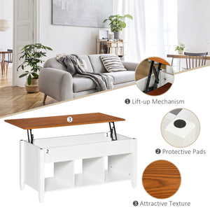 Table basse relevable avec compartiment de rangement dissimulé, blanc et marron