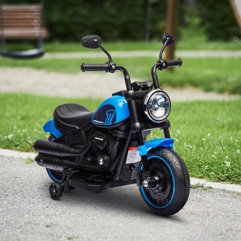 6V motorcycle with training wheels, blue