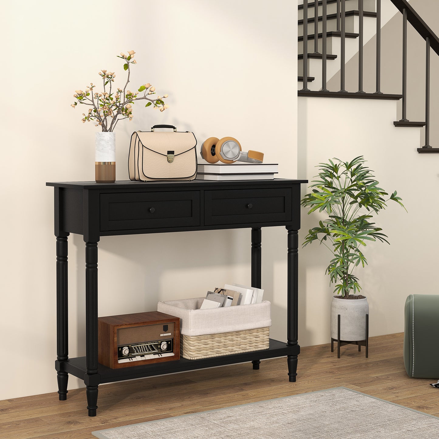 Console d’entrée moderne noire avec deux tiroirs et étagère de rangement pratique