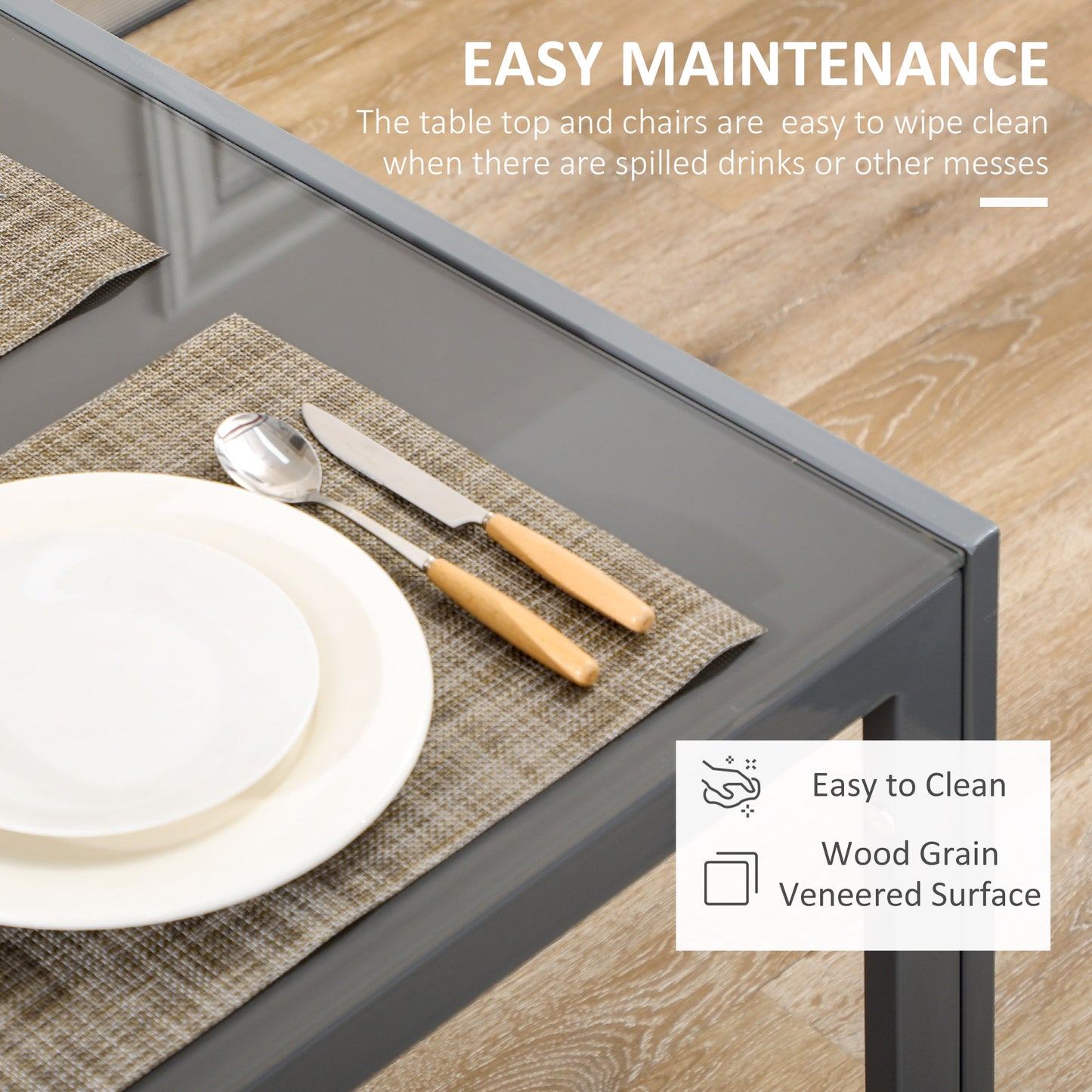 Ensemble tables et chaises de cuisine rectangulaires en verre avec structure en métal et revêtement en similicuir pour salle à manger, gris