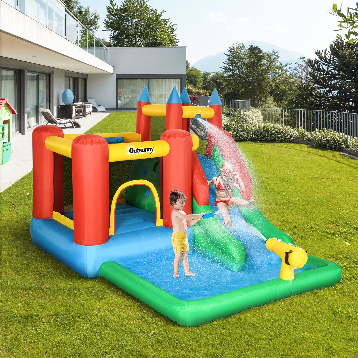 6 in 1 Inflatable Castle House Trampoline Slide Water Pool Gun Climbing Wall Basket with Inflator for Kids 3-12 Years Old Summer 11.5' x 8.8' x 7' Multicolor