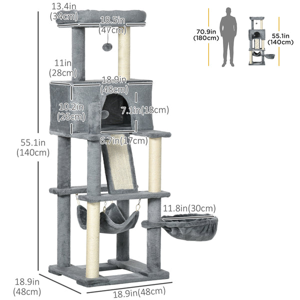 55" Cat Tree with Bed, Ramp, Hammock, Hanging Toys, Sisal Rope Scratching Post, Grey