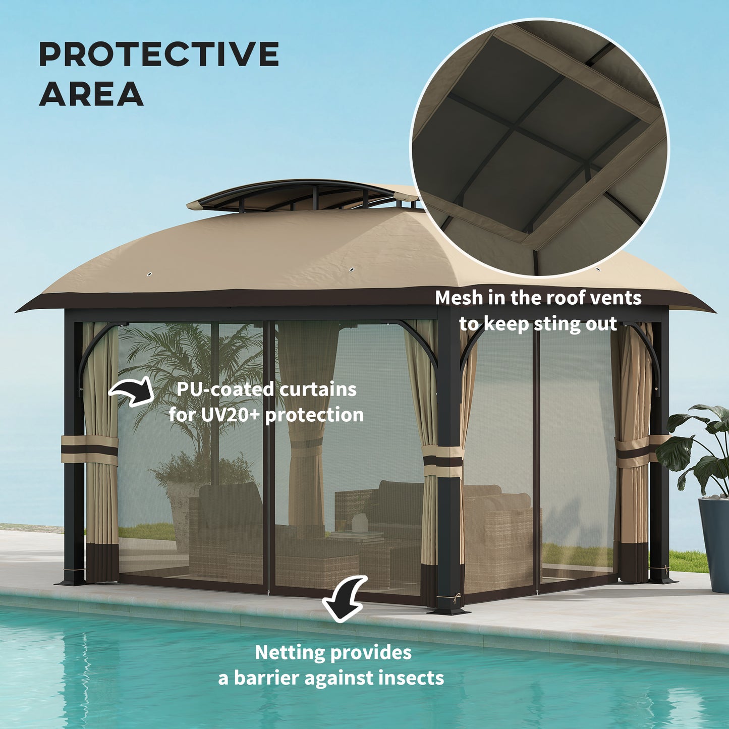 Outsunny 11' x 13' Double Roof Gazebo with Mosquito Netting and Curtains, Galvanized Metal Frame, Khaki