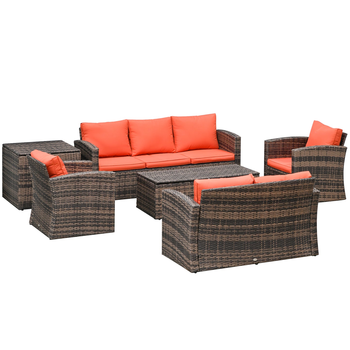 Outsunny 6 Piece Wicker Garden Furniture Set with Cushions, 7 Seater Rattan Garden Sofa with Storage Table, Orange