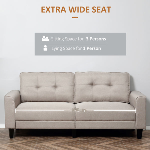 Canapé 3 places en lin avec assise rembourrée et pieds en bois, beige