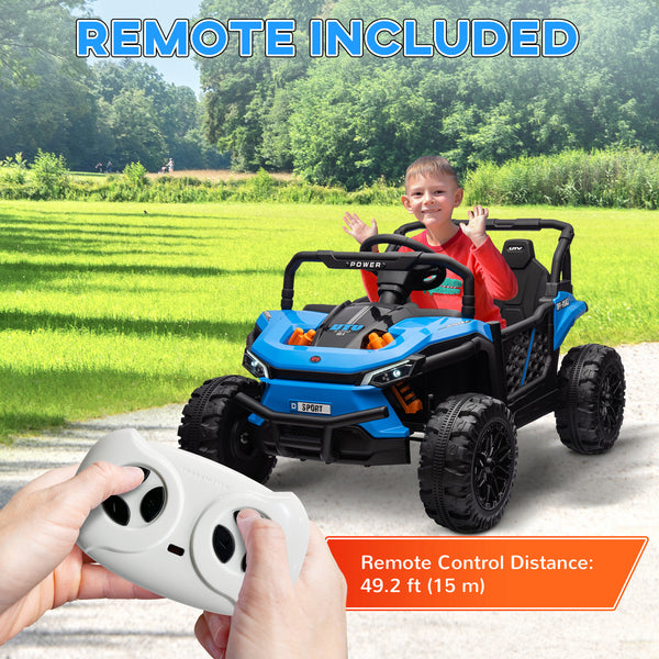 Voiture 12 V avec suspension à ressorts, phares à LED, 3 vitesses, bleu