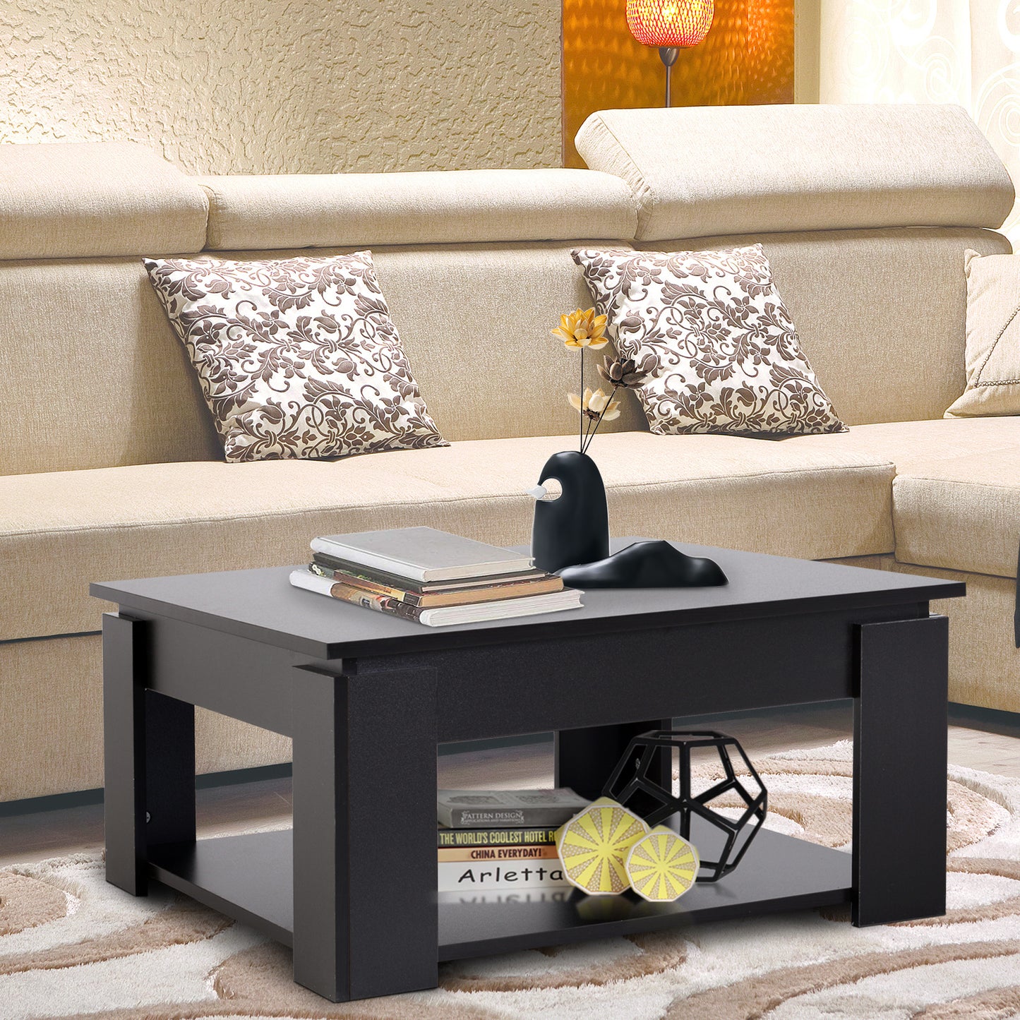 Table basse simple et moderne à 2 niveaux avec étagère inférieure pour salon, noire
