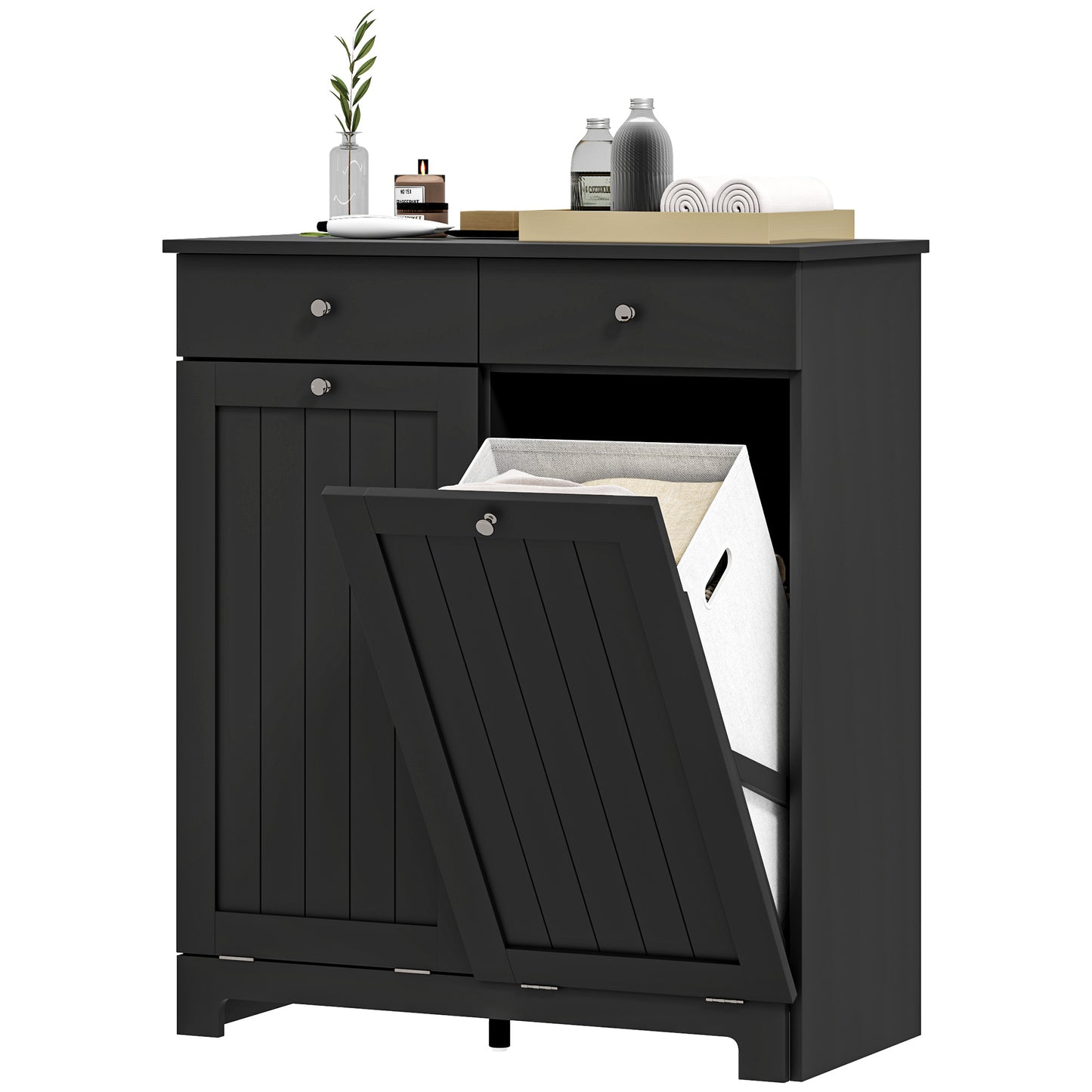 Tilting laundry basket cabinet with 2 baskets and 2 drawers, black