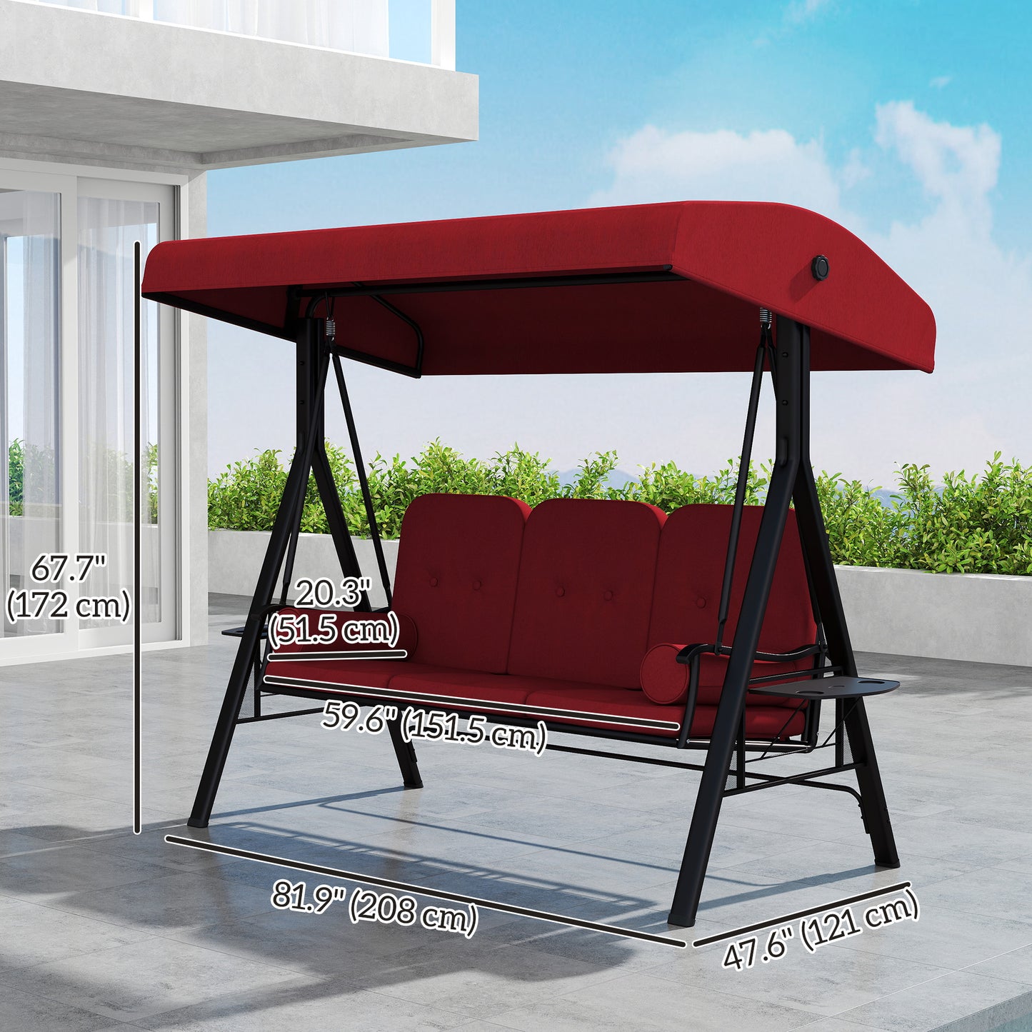 3 Person Outdoor Swing with Steel Canopy and Padded Seat, Wine Red