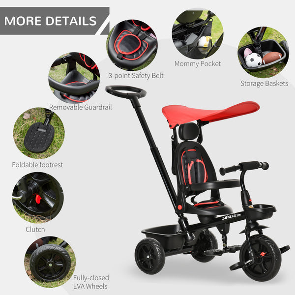 Tricycle pour enfants 4 en 1 avec siège réglable à angle réversible, rouge
