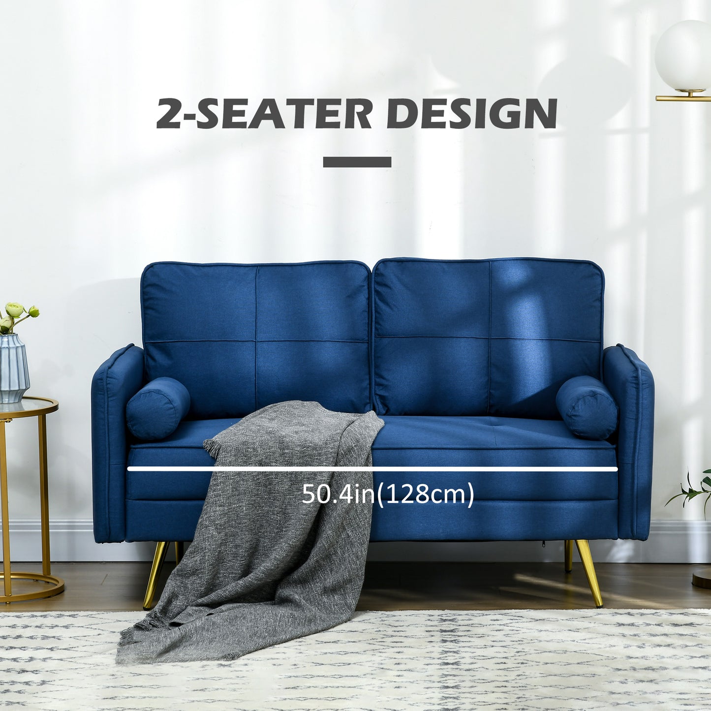 2 seater upholstered sofa with back cushions and pillows, blue