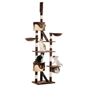 Arbre à chat géant de 240 à 250 cm, hauteur plafond, griffoir, centre d'activités, marron