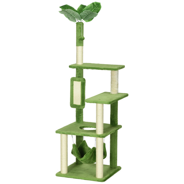 56" Cat Tree with Hammock, Scratching Post, Platforms, Play Ball, Green