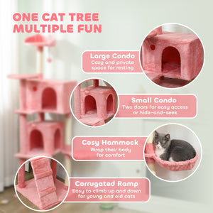 Arbre à chat de 160 cm avec griffoirs en sisal, cabanes, perchoirs en peluche, hamac, rose
