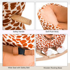 Wooden and plush rocking giraffe with sound and seat belt