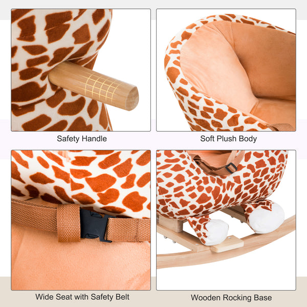 Wooden and plush rocking giraffe with sound and seat belt