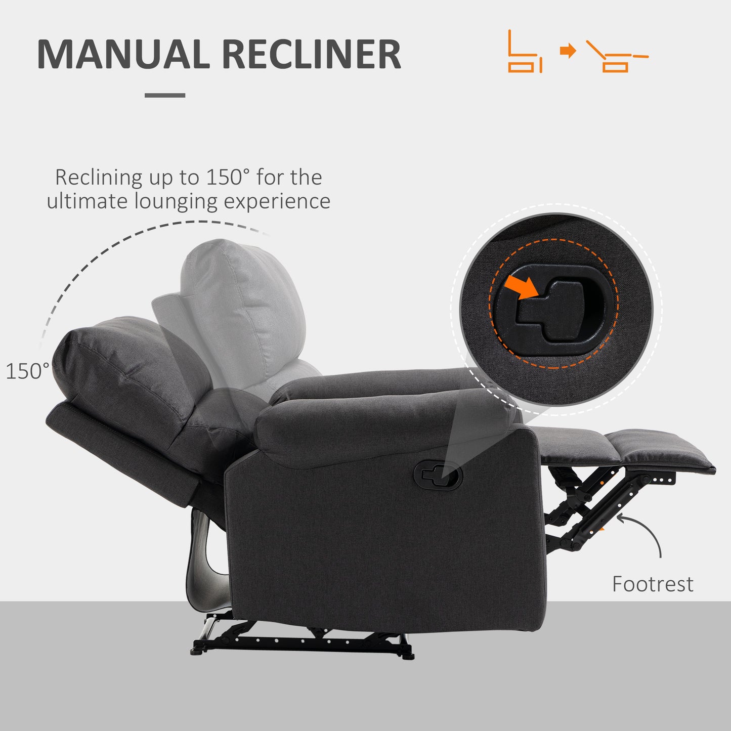 Fauteuil inclinable manuel avec repose-pieds, assise rembourrée, gris foncé