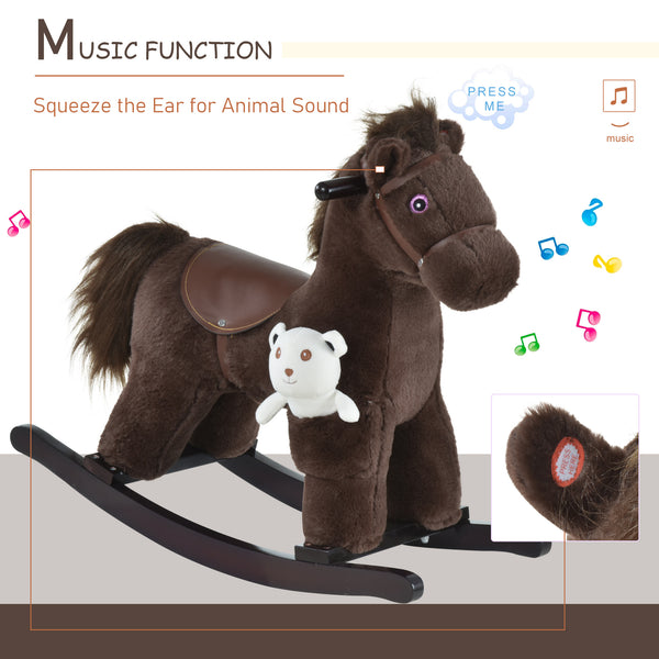 Cheval à bascule en peluche avec ours en peluche, marron et blanc