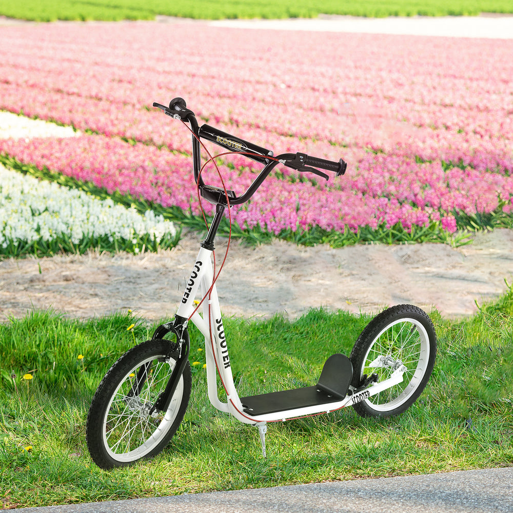 Trottinette avec roues gonflables de 16 pouces et doubles freins, blanche