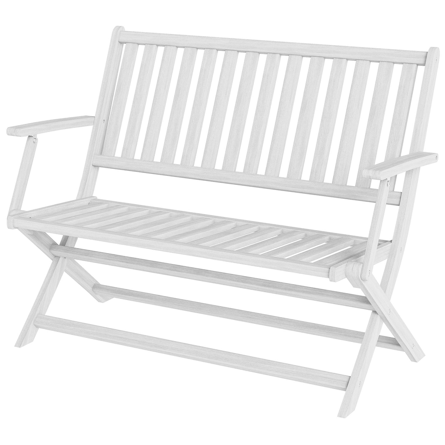 Banc d'extérieur pliable en bois avec dossier et accoudoirs, blanc