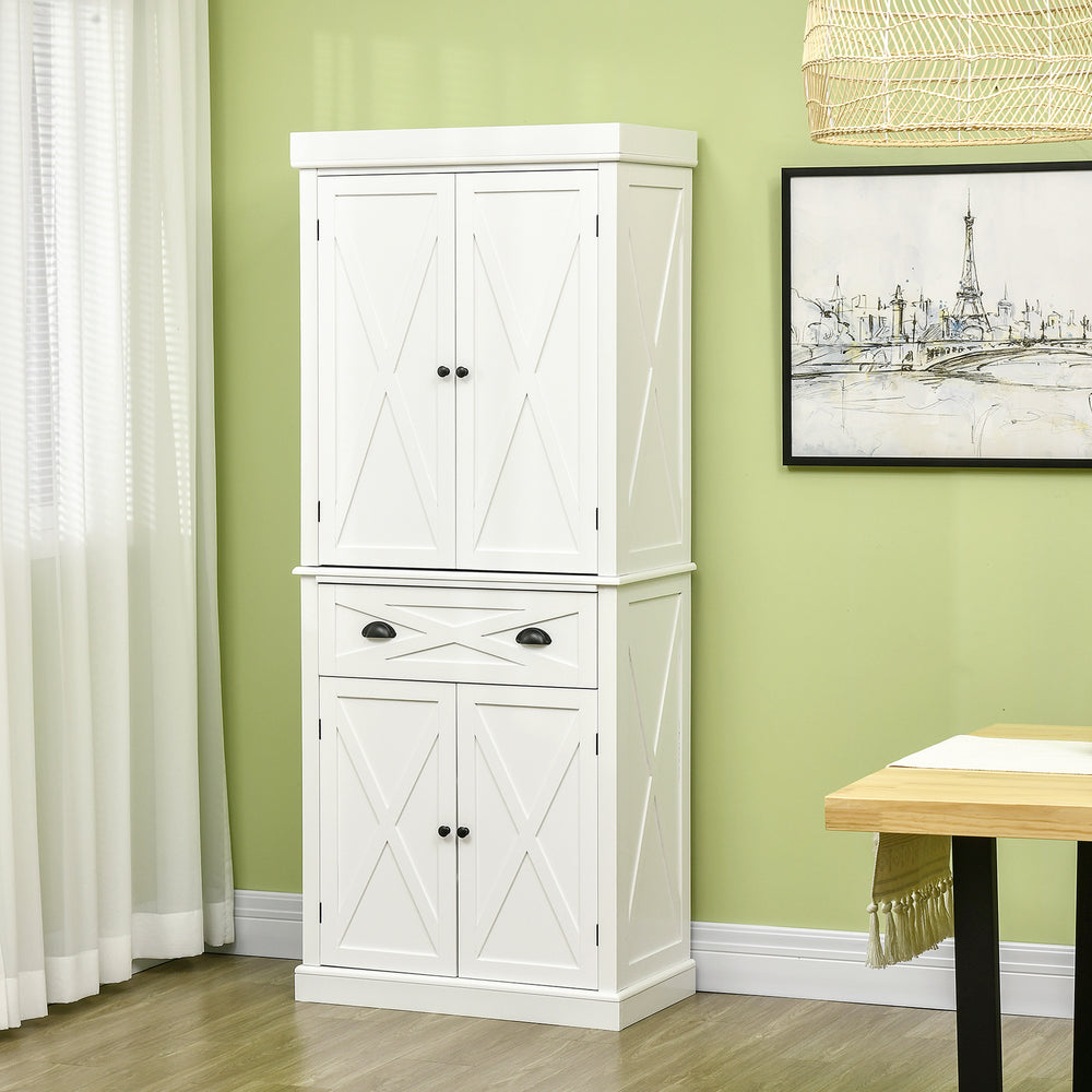 Storage unit with 4 doors, drawer and adjustable shelves, white