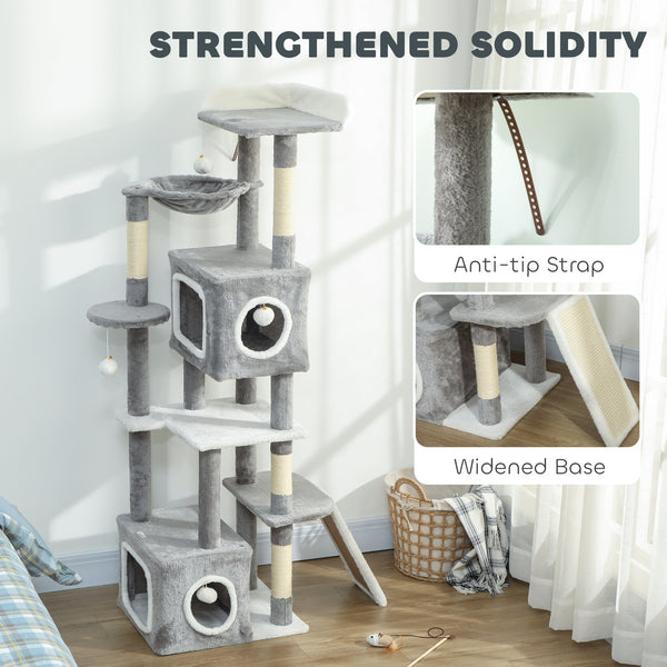 65-inch Cat Tree with 2 Doors, Plush Perch, Hammock, Sisal Scratching Posts, Grey