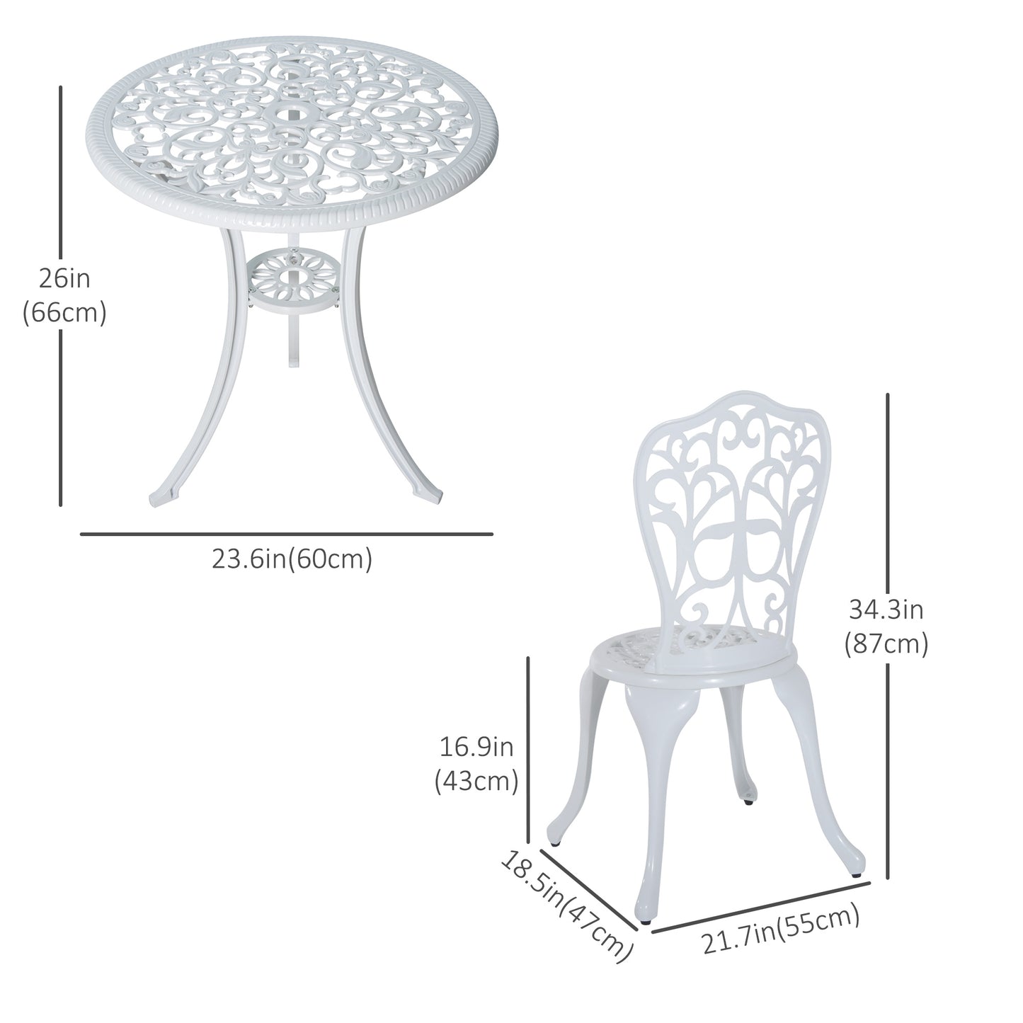 3 Piece Antique Style Outdoor Bistro Set, Patio Table and Chairs with Umbrella Hole, White