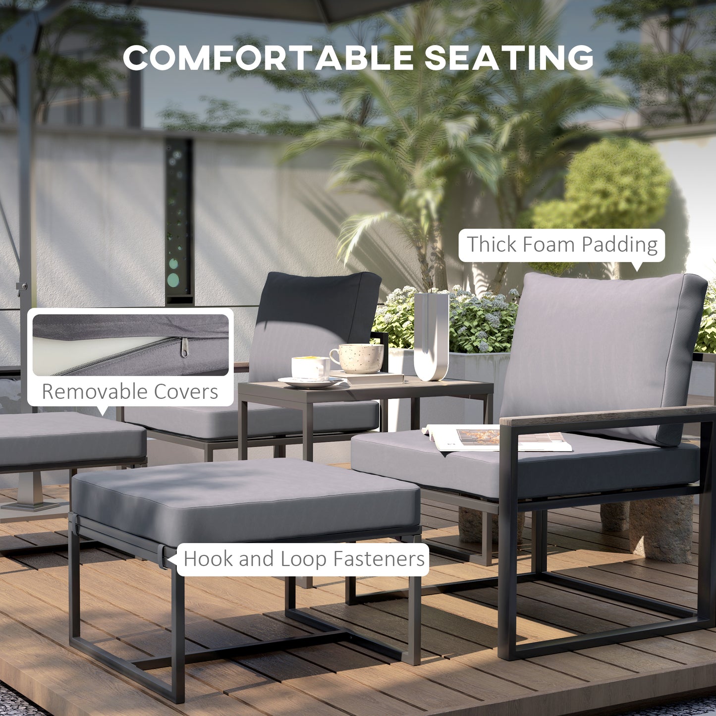 5-piece garden furniture set with ottomans, cushions and small sofa, grey