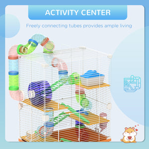 Cage pour hamster portable à 5 niveaux avec roues d'exercice, tube de jeu, bouteille d'eau, gamelle, échelle pour gerbilles, orange