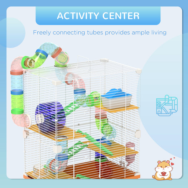 Cage pour hamster portable à 5 niveaux avec roues d'exercice, tube de jeu, bouteille d'eau, gamelle, échelle pour gerbilles, orange