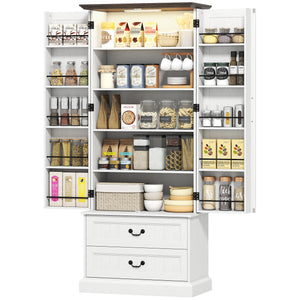 Buffet avec 10 étagères de porte, 2 tiroirs et étagères réglables, blanc