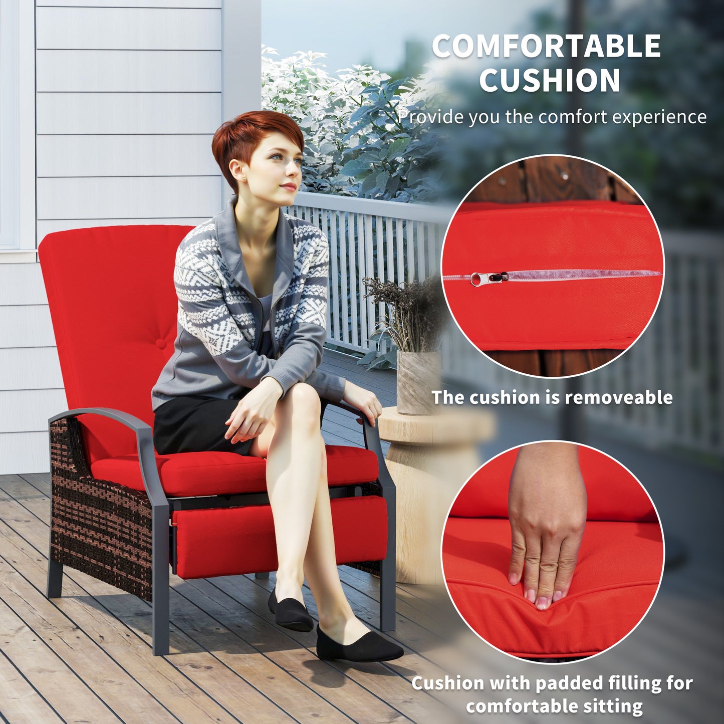 Fauteuil inclinable d'extérieur en rotin avec dossier réglable et repose-pieds rétractable, couleur rouge vin