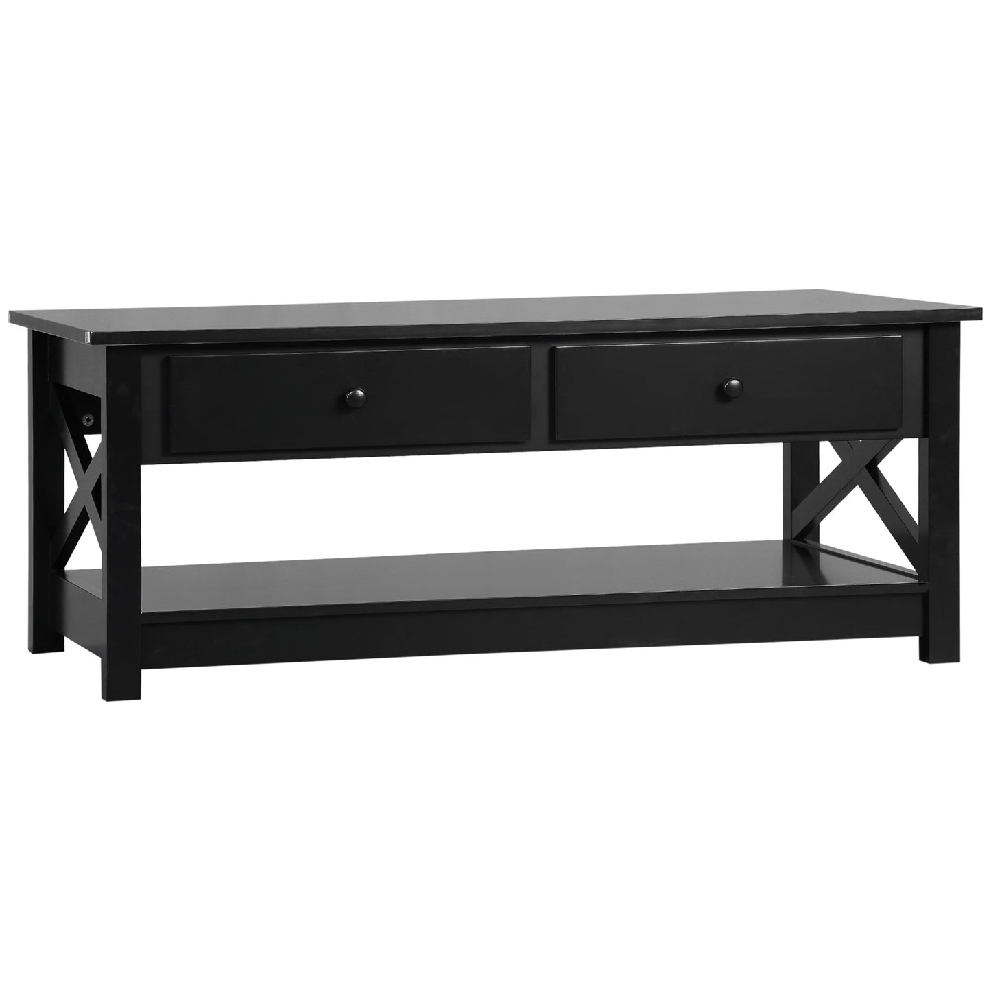 HOMCOM Coffee Table with Storage, Farmhouse Style Living Room Table with Drawers and Open Shelf, Center Table with X-Frames, Black