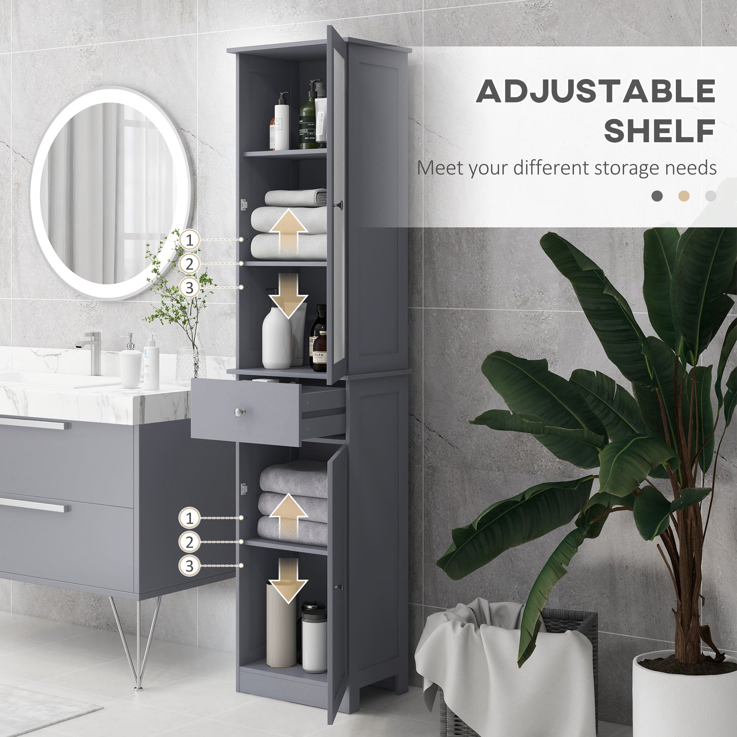 Armoire de salle de bain avec tiroirs, 2 portes et étagères réglables, gris