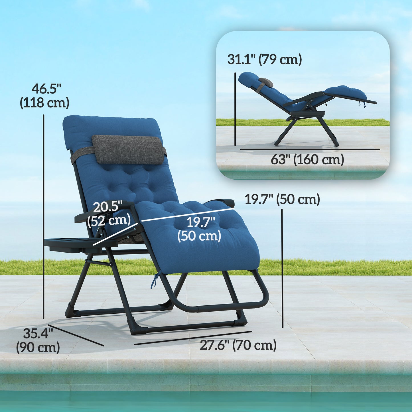 Outsunny Padded Folding Recliner Chair, Patio Lounge Chair with Cup Holder, Adjustable Backrest, Removable Cushion, Navy Blue