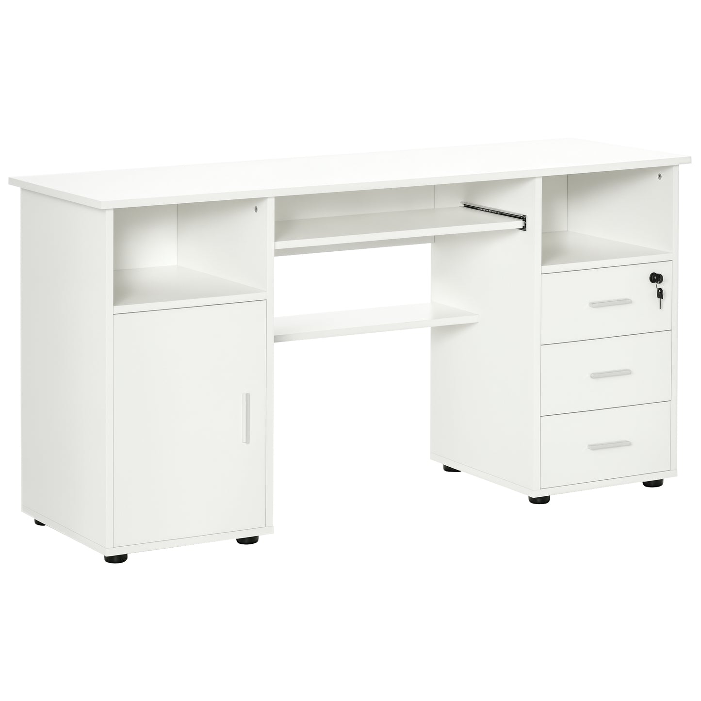 Bureau d'ordinateur avec plateau pour clavier et tiroirs, blanc
