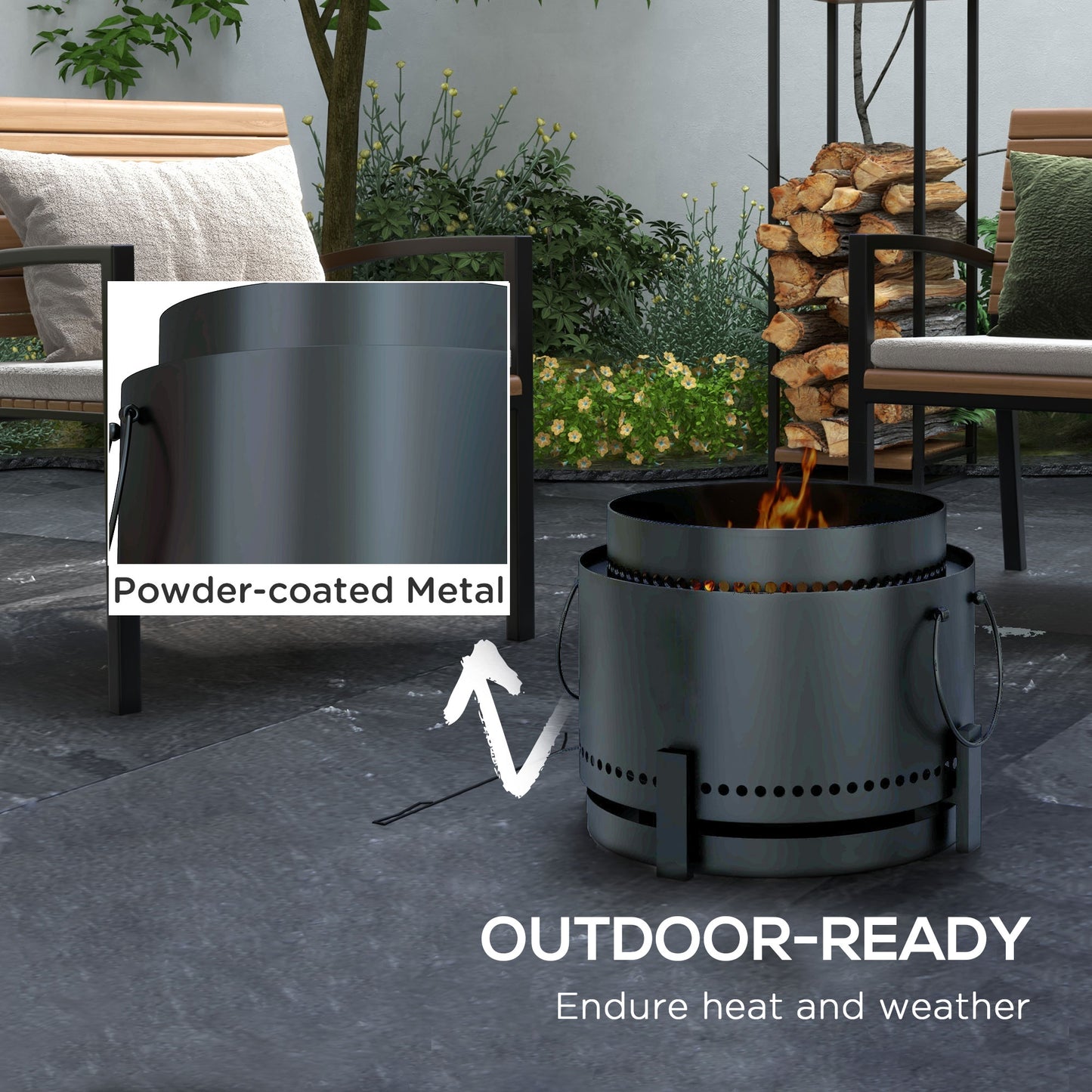 Outsunny Smokeless Fire Pit with Ash Catcher, Portable Wood Burning Fire Pit with Poker for Garden, Camping, Bonfire, Black
