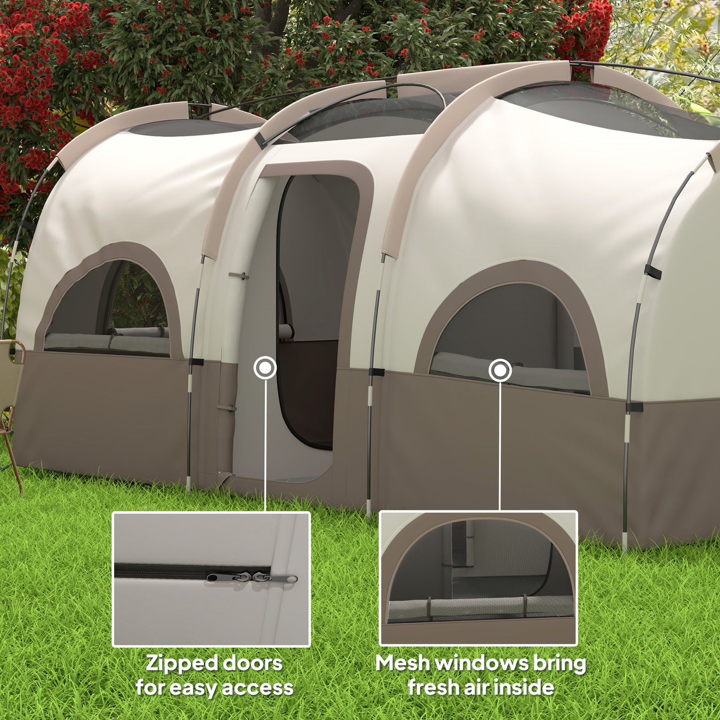 Outsunny 4-6 Person Camping Tent, 3 Room Cabin Tent, 3000mm Waterproof & UPF 30+, with Sewn-in Groundsheet & Carry Bag, Khaki